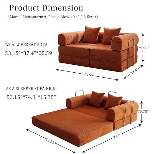53.15"Boneless Couch,4-in-1 Futon Sofa Bed Modular Loveseat Sleeper Folding Compressed Couch with Pillows,No Assembly Required Convertible Sofa Bed for Living Room Bedroom Guest Room,Orange - color: Orange, size: 53.15" Loveseat Sofa