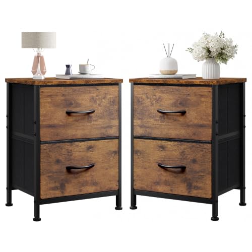 WLIVE Night Stand Set of 2, Small Dresser with 2 Drawers & Wooden Top, Nightstand with Fabric Bins, Bedside Table End Table for Bedroom, Closet, Entryway, College Dorm, Rustic Brown | Versatile Small Side Table, Sturdy Metal Frame & Adjustable Feet, 15-Mi