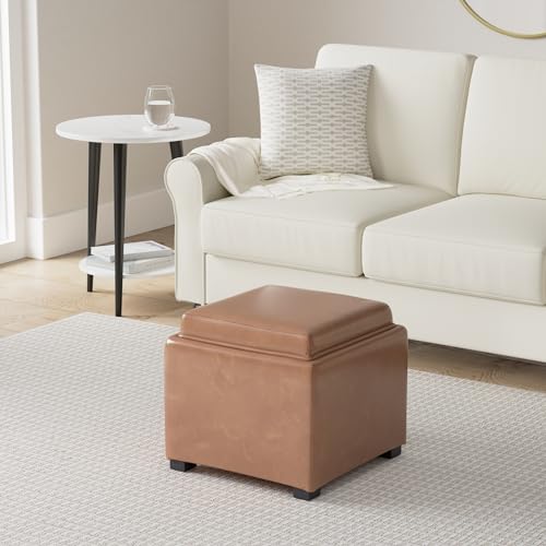 CHITA Storage Ottoman Cube with Tray Lid, Small Footstool with Storage, Square End Table for Living Room and Bedroom, Faux Leather in Saddle Brown - color: Saddle Brown