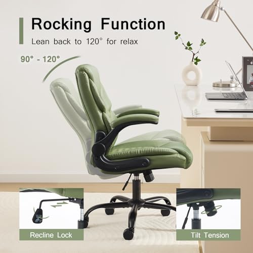 Leather Executive Office Chair - Comfy Green Desk Chair Small Space | Desk Chair with Mid Backrest,5 Wheels,Mid Backrest,Lumbar Support, Height Adjustable,home office reading Gaming Use - color: Green