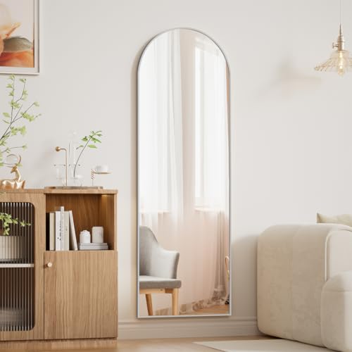 BEAUTYPEAK Arched Full Length Over The Door Mirror 14" x 48",Silver | Shatterproof Tempered Glass and Aluminum Alloy Frame, No-Drilling Hanging or Wall Mount, Full Body Mirror for Bedroom, Dorm - color: Silver, size: 48"L x 14"W