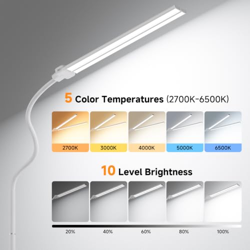 Dual-head LED Floor Lamp 20W 1400LM Adjustable Neck Bright Light White | Adjustable Brightness & Color Temperature, Modern Corner Tall Standing Lamp for Living Room Office Bedroom Reading - color: White