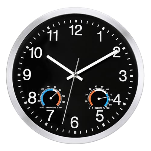 Caysie 12 Inch Indoor Outdoor Clocks Waterproof with Thermometer and Hygrometer Combo, Silent Battery Operated Quartz Metal Wall Clock for Patio Pool Bathroom Home (Black) - color: Black, size: 12 Inch