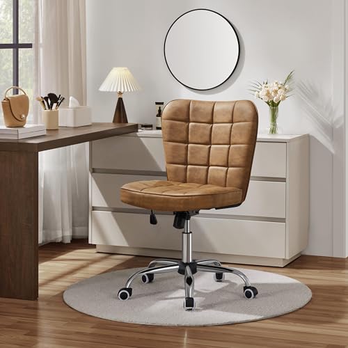 Yaheetech Retro Brown Tufted Armless Desk Chair with Wheels, Faux Leather | Thick foam cushioned seat tilts back to relax, lifts 18-22 in, spins 360 degrees, holds 300 lb, and assembles with ease. - color: Retro Brown