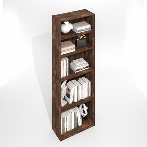 Furinno Jaya Simply Book Shelf, 5-Tier Bookshelf, Bookcase with Adjustable Shelves, 9.5 x 24.5 x 71.2, for Living Room, Bedroom, Home Office, Amber Oak - color: Amber Pine, size: 5-Tier, 9.5 x 24.5 x 71