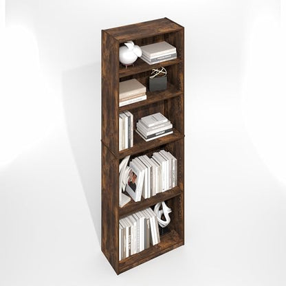 Furinno Jaya Simply Book Shelf, 5-Tier Bookshelf, Bookcase with Adjustable Shelves, 9.5 x 24.5 x 71.2, for Living Room, Bedroom, Home Office, Amber Oak - color: Amber Pine, size: 5-Tier, 9.5 x 24.5 x 71