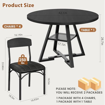 Round Dining Table Set for 4, Kitchen Table and Chairs for 4, Circle Table Round Pedestal Dining Room Dinner Dinette Table Set,5 Piece Space Saving Wood Kitchen & Dining Room Tables (Black, 42In) - color: Black