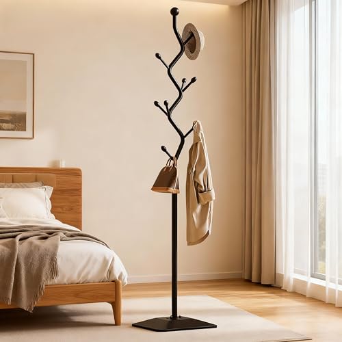 8-Hook Metal Coat Rack Stand, Freestanding Coat Tree | Sturdy anti-tip coat organizer for entryways, bedrooms, dorms, and offices with space-saving storage design. - color: black