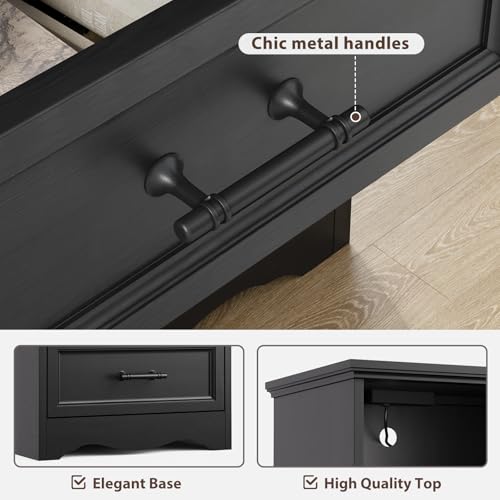 Black Night Stand with Charging Station, Farmhouse Bedside Table & End Table with 2 Drawers and Unique Base Design, Wood Nightstand with Metal Handles for Bedroom, Living Room - color: Black, size: 1 Piece