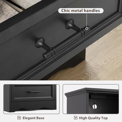 Black Night Stand with Charging Station, Farmhouse Bedside Table & End Table with 2 Drawers and Unique Base Design, Wood Nightstand with Metal Handles for Bedroom, Living Room - color: Black, size: 1 Piece