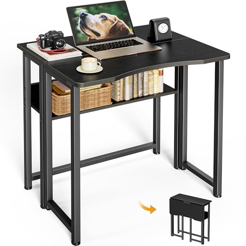 Huuger Folding Desk with Storage Shelf, 23.6 Inch Foldable Computer Table | Writing Work Office Computer Desk for Small Spaces, Space Saving Sofa Table for Couch, Easy to Fold, Black - color: Black, size: 18.5"D x 23.6"W