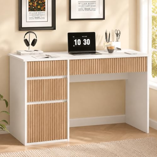 4 EVER WINNER White Desk with Drawers, 48 Inch Small Computer Desk with Storage for Small Spaces, Wood Home Office Desk for Study, Living Room, Bedroom, White - color: White, size: 48 Inch