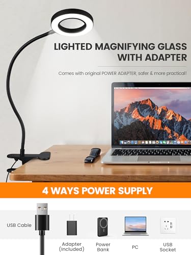 10X Magnifying Glass with Light,5 Colors+10 Brightness Magnifier with Light | 750 Lumen Magnifying Lamp, 58 LED Clip on Reading Lights for Books in Bed, Clip on Lamp for Desk/Headboard/Nail/Craft/Puzzle