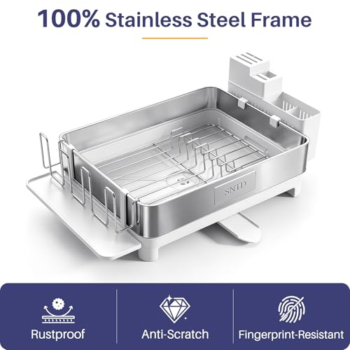 SNTD 304 Stainless Steel Dish Drying Rack for Small Kitchen Counter, White | Rustproof, Large Capacity, Heavy-Duty Frame, Rotating Spout, Angled Drainboard, Removable Cup & Utensil Holder - color: White