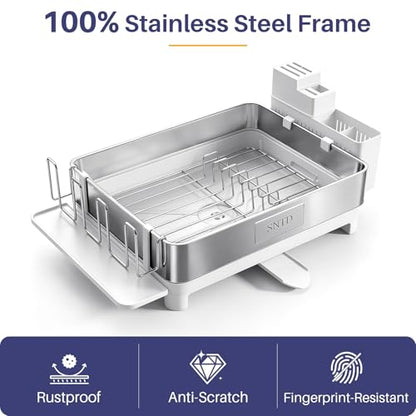 SNTD 304 Stainless Steel Dish Drying Rack for Small Kitchen Counter, White | Rustproof, Large Capacity, Heavy-Duty Frame, Rotating Spout, Angled Drainboard, Removable Cup & Utensil Holder - color: White