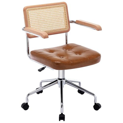 Zesthouse Leather Office Desk Chair with Wheels, Mid Century Rolling Desk Chair with Wood Arm & Natural Rattan Back, Modern Swivel Home Office Chair, Small Height Adjustable Computer Task Chair, Brown - color: Brown, size: Armrest