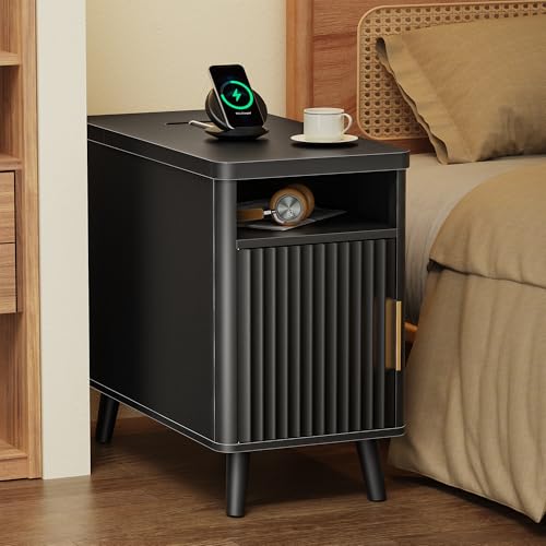 Huuger Narrow End Table with Charging Station, USB-C Port | Fluted Nightstand with Storage Cabinet, Back Rack, Farmhouse Side Table for Small Spaces, 13.4 × 23.6 Inch Night Stand, Black - color: Black