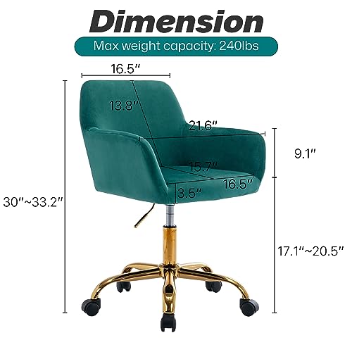 Velvet Makeup Vanity Chair,Home Office Desk Chair with Wheels, Green | Fluffy Swivel Modern Armchair Upholstered Fuzzy Height Adjustable for Teens Women Girls Elegant for Living Room Bedroom - color: Green