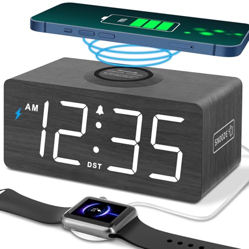 DreamSky Wooden Digital Alarm Clock with Wireless Charging for Bedroom | Bedside Nightstand Clock with Charger Station, USB Port, Large Numbers, Adjustable Volume, Brightness Dimmer, DST - color: Black