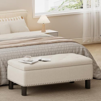 Large Storage Ottoman, Beige, Wood Frame, Linen Fabric, 285 Lbs Capacity - color: Beige