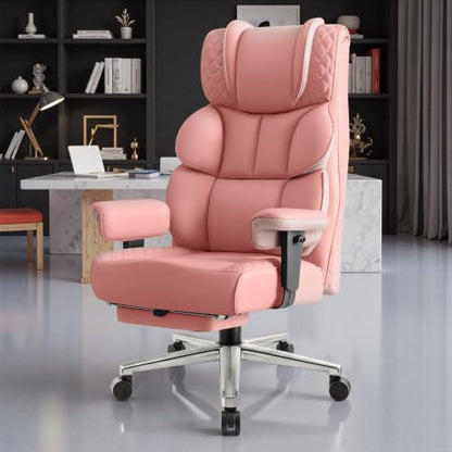 BestGlory Office Desk Chair, Big and Tall Leather Gaming Chair with Footrest, Ergonomic Comfy Executive High-Back Reclining Computer Chairs, Wide Swivel Rolling Wheels and Padded Lumbar Support, Pink - color: Pink, style: 3 Position Reclining