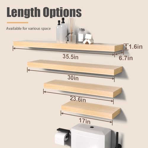 Habudda Floating Shelves, Wood Wall Shelf, Natural Wooden Home Decor for Bathroom Kitchen Bedroom, Hanging Mounted Invisible Bracket, Extra Long 35.5 Inch, Set of 2 - color: Burlywood, size: 35.5"×6.7"×1.6"