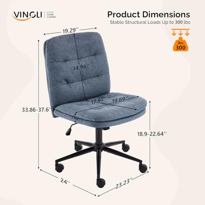 VINGLI Mid Back Armless Office Desk Chair with Wheels/no Wheels,360°Rocking Swivel Vanity Chair with Thickened Cushion,Adjustable Height Rolling for Reading Room, Make up, Linen Navy Blue - color: Navy Blue