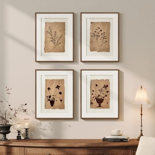 Framed Vintage Botanical Wall Art for Bathroom, Retro Brown Floral Prints Paintings, Neutral Rustic Minimalist Flowers Pictures for Bedroom Dining Room Kitchen Wall Decor, 11x14 Inch-4 Piece - color: Brown and White, size: 11" W x 14" H x 4 pcs