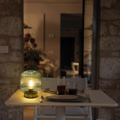 MJ PREMIER Rechargeable Table Lamp,Cordless Lamp with Memory Function,Green | Small Glass LED Lamp with Dimmable Brightness, Decorative Touch Lamps for Bedroom Living Room