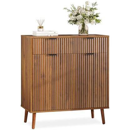 LYNCOHOME Fluted Sideboard Buffet Cabinet with Storage, 1 Drawers and 2 Doors,Solid Wood Feet for Kitchen, Hallway - size: 15.8"D x 31.5"W x 34.7"H