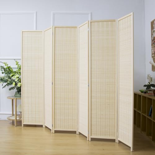 6 Panel Bamboo Room Divider Screen,5.6 FT Tall Bamboo Divider Folding Privacy Screen,Freestanding Panel Divider for Room Seperation,Beige - color: Beige, size: 6 Panel