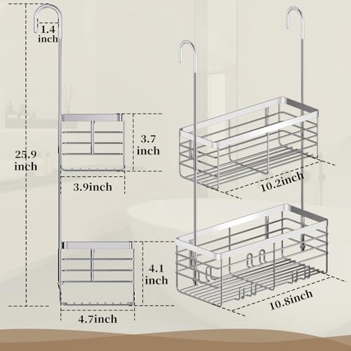 DELLAN Hanging Shower Caddy, 2-Tier Shower Rack with Hooks Over the Door | Bathroom Shower Caddy and Basket - color: Silver, size: 2-Tier 11"D x 4.7"W x 4.1"H