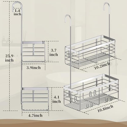 DELLAN Hanging Shower Caddy, 2-Tier Shower Rack with Hooks Over the Door | Bathroom Shower Caddy and Basket - color: Silver, size: 2-Tier 11"D x 4.7"W x 4.1"H