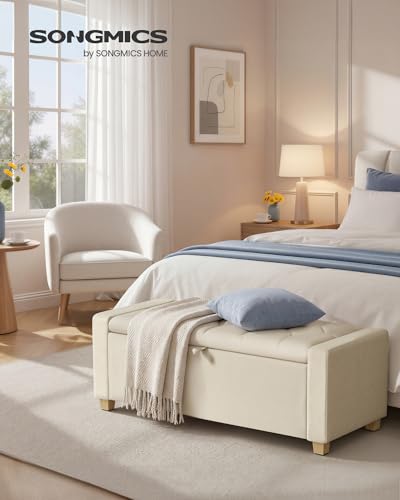 SONGMICS Storage Ottoman, Storage Chest Bench with Legs, End of Bed Bench with Safety Hinges, Pull Tab, for Living Room, Bedroom, 19.7 x 47.6 x 16.5 Inches, Linen-Look Fabric, Summer Sand ULOM511LF01 | Foot Rest with Legs, 19.7 x 47.6 x 16.5 Inches, End o