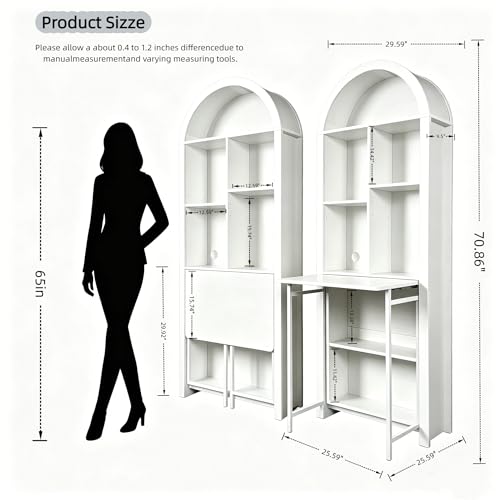 FNK Folding Arched Bookshelf Narrow Bookcase with Hideaway Craft Desk | Multifunctional Foldable Desk with Storage Shelves, Disappearing Vanity Desk for Small Spaces, Cable Management & Anti-Tip - color: Milk White