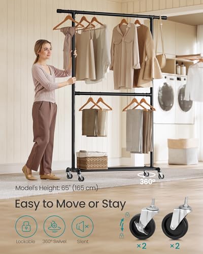 SONGMICS Heavy-Duty Clothes Rack, Double-Rod Clothing Rack for Hanging Clothes, Industrial Garment Rack on Wheels, Adjustable Metal Frame, 2 Casters with Brakes, Commercial Display, Black UHSR62BK | Industrial Garment Rack for Hanging Clothes, 2 Casters w