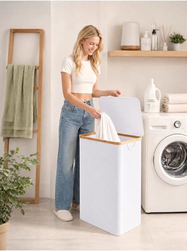 IEGrow Laundry Hamper with Lid,110L Laundry Basket with Mesh Bags,White | Dirty Clothes Hamper Basket with Bamboo Handle for Clothes Towels - color: White, size: 110L