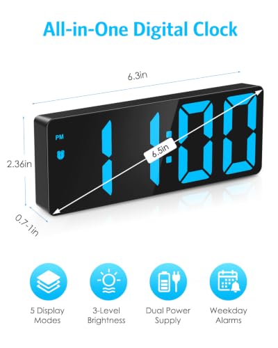 AMIR Digital Alarm Clock, 6.3" Large LED Display Bedside Clock | Auto Night Dimming, 12/24H, Adjustable Snooze, Dual Power Supply, Bedroom Office - color: Blue