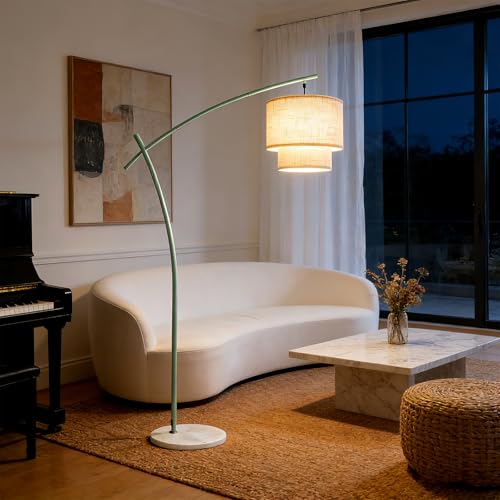 Lightdot Arc Floor Lamp for Living Room, Modern Standing Tall Lamps with Double Linen Lampshade, Tall Hanging Pole Lamp with Bulb Included for Bedroom Sofa Beside/Corner Decor - Grayish Green - color: Fabric-Green