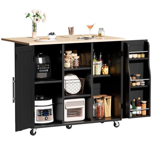 DUMOS 42in Kitchen Island with Storage, Drop Leaf, Spice Rack, Towel Rack | Rolling Cart on Wheels, Adjustable Shelves, Wood, Mobile Utility Serving Table, Living Room, Dining Room, Black - color: Black