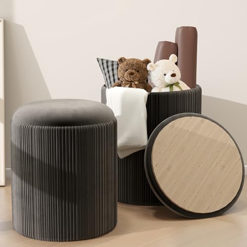 Caroeas Round Ottoman with Storage Set of 2, Upholstered Velvet Storage Ottoman, Vanity Stool for Makeup, Foot Rest for Living Room, Bedroom, Black - color: Black