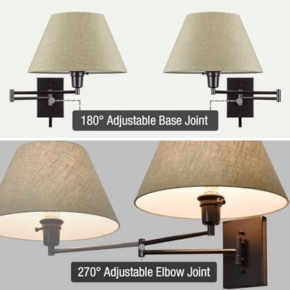 Kira Home Cambridge 15" Modern Swing Arm Wall Sconce with 3-Way Switch | Latte Mocha Empire Fabric Shade, 2-in-1 Plug In or Hardwired Bedroom Wall Lamp, Black Finish - color: Black,Latte Mocha Shade