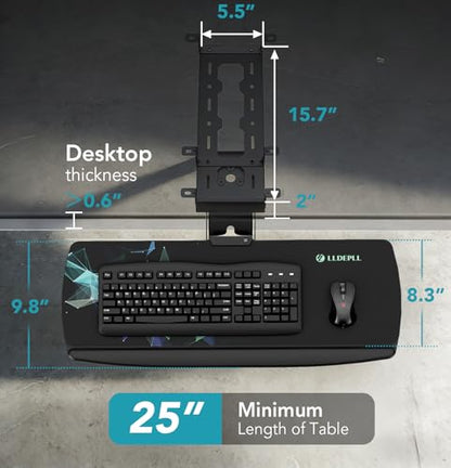 Keyboard Tray Under Desk with Storage Drawer, Height Adjustable Keyboard Tray Slide Out 360° Swivel Tilt, Ergonomic Under Desk Mount Keyboard & Mouse pad Lighting, Black - size: 25” Length with Lighting