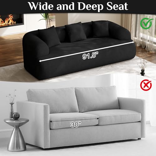 91" Boneless Couch,Cloud Couch,Chenille Curved Sofa with 3 Seater and 3 Pillows, Modern Compression Sofa for Living Room, Bedroom and Apartment, No Assembly Required, Black - color: Black, size: 91''
