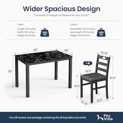 PHI VILLA Dining Table Set for 4, Marble Design Kitchen Table and Chairs | Marble Tabletop, Solid Rubber Wood, Padded Cushion Chairs, Space Saving, Easy Assembly, Black Marble& Gray - color: Venatino Black Marble&gray