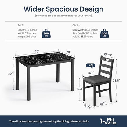PHI VILLA Dining Table Set for 4, Marble Design Kitchen Table and Chairs | Marble Tabletop, Solid Rubber Wood, Padded Cushion Chairs, Space Saving, Easy Assembly, Black Marble& Gray - color: Venatino Black Marble&gray