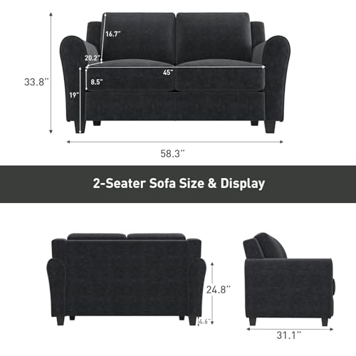 Bonzy Home 2 Piece Sofa Set, 2-Seater and 3-Seater Sofa Couch, Modern Comfy Sofa with Thicked Cushion for Living Room Apartment Office, Black - color: Black, size: 80.7" + 58"(3 + 2 Seat)