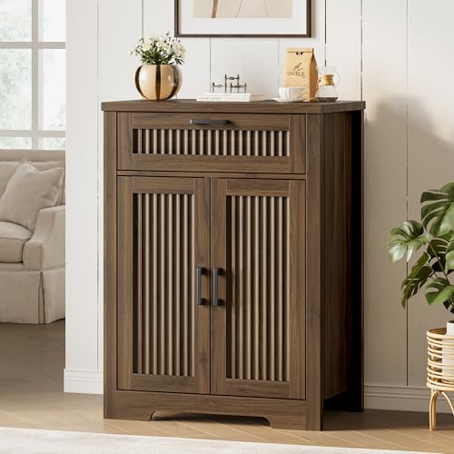 Fluted Buffet Sideboard Cabinet with Storage, Buffet Table with Drawer | Modern Buffet Table with Drawer & Doors, Wood Coffee Bar Console Table with Adjustable Shelf for Kitchen, Living Room, Walnut - color: Walnut, size: 2 Doors & Drawer