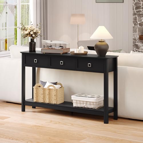 Treocho 53.1" Console Table with 3 Drawers, Sofa Table Behind Couch, 2 Tier | Long Entryway Table with Storage, Modern, For Hallway, Living Room, Black - color: Black