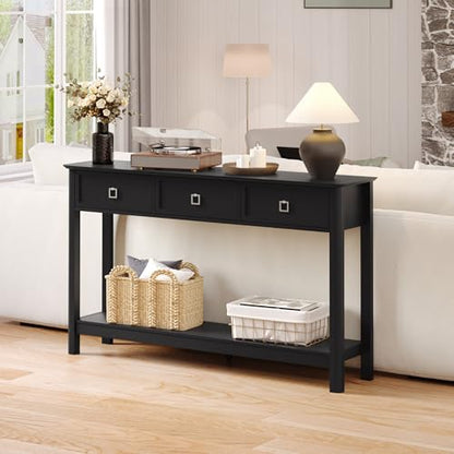 Treocho 53.1" Console Table with 3 Drawers, Sofa Table Behind Couch, 2 Tier | Long Entryway Table with Storage, Modern, For Hallway, Living Room, Black - color: Black
